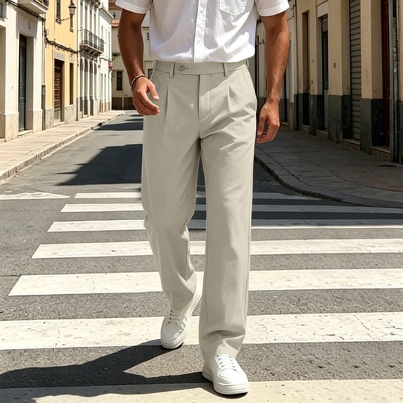 Avirosel Men's Casual Dress Pants Pleated Baggy Wide Leg Slacks Solid Polyester Stylish Long Trousers with Pockets for Daily Wear Beige