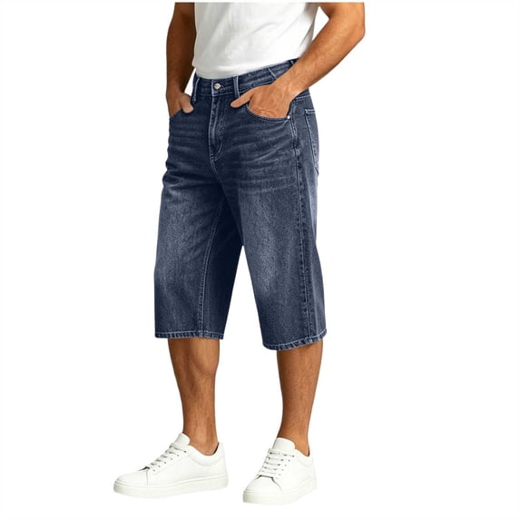 Avirosel Men's Casual Solid Color Denim Capris Pants with Pocket Button Waist Comfortable Style for Spring and Summer Daily Wear Blue