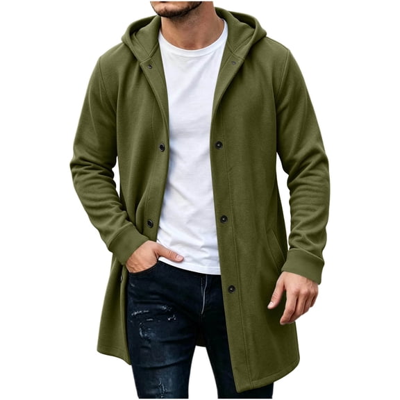 Avirosel Men's Longline Hooded Cardigan Button Up Coat with Pockets Warm Casual Open Front Long Jacket for Fall Daily Wear Army Green