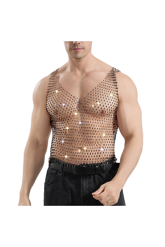 Men's Rhinestone Mesh Top Sleeveless Sexy V Neck Fishnet Croppped Tank Top Summer Party Shiny Rave Sheer Shirt Vest Black