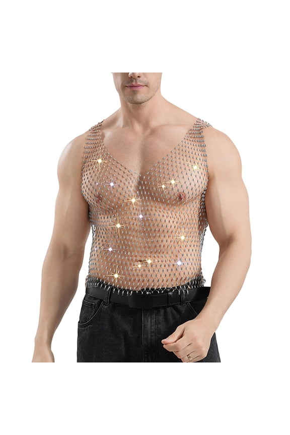 Men's Rhinestone Mesh Top Sleeveless Sexy V Neck Fishnet Croppped Tank Top Summer Party Shiny Rave Sheer Shirt Vest Silver