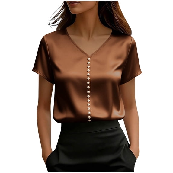 Avirosel Satin Blouses for Women Casual Long Short Sleeve Round Neck Pearl Shirt Top Dressy Silk Business Work Office Tunic Tops Shirt