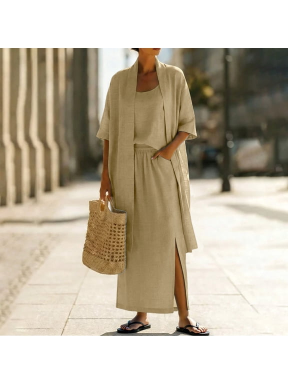Women's 3 Piece Outfit Set, 3/29 Sleeve Top Jacket with Strap Skirt, Spring Matching Suit for Travel Vacation Daily Wear