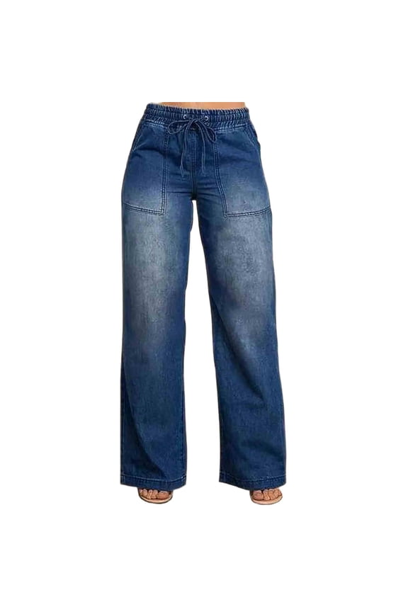Women's Baggy Wide Leg Jeans Elastic High Waist Drawstring Straight Leg Denim Pants Casual Denim Trousers with Pockets