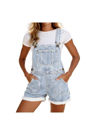 Women's Casual Denim Overall Shorts Adjustable Straps Mini Summer Shorts with Pockets Relaxed Fit Rolled Cuffs for Daily Wear