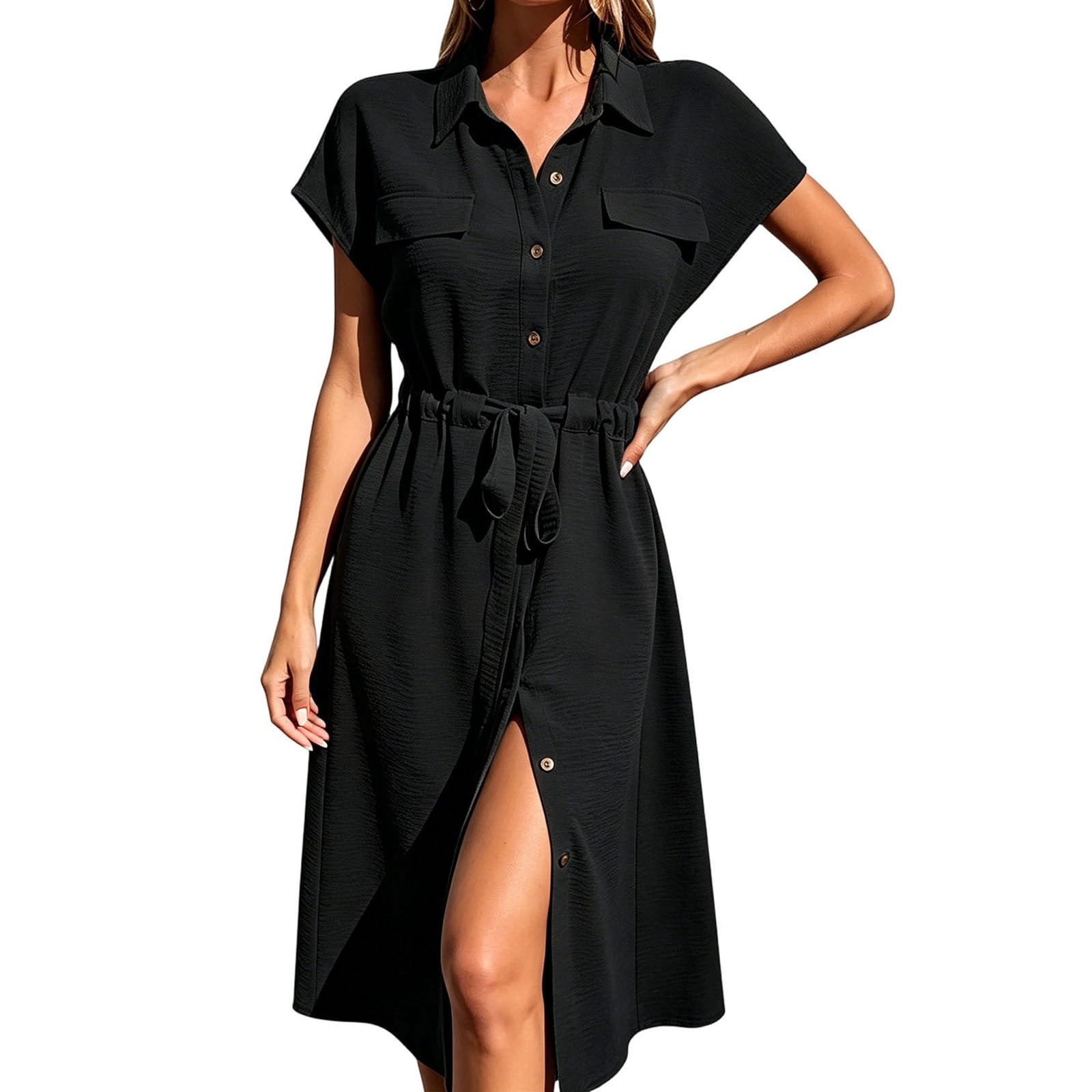 Avirosel Women's Casual Solid-Color Fitted Short Sleeve V-Neck Dress ...