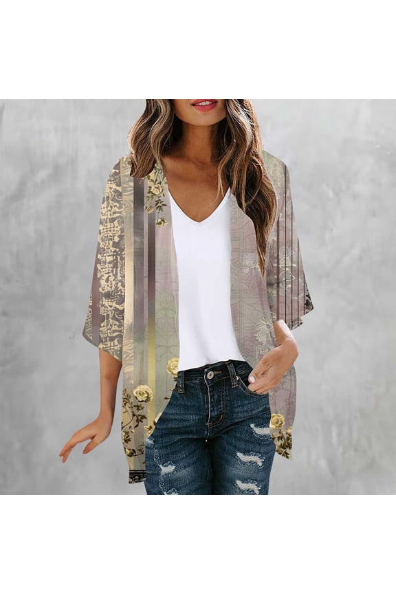 Women's Floral Print Kimono Cardigan Loose Casual Cover Up Blouse Tops Lightweight Open Front Summer Tops for Beach Vacation Daily Streetwear Outfits