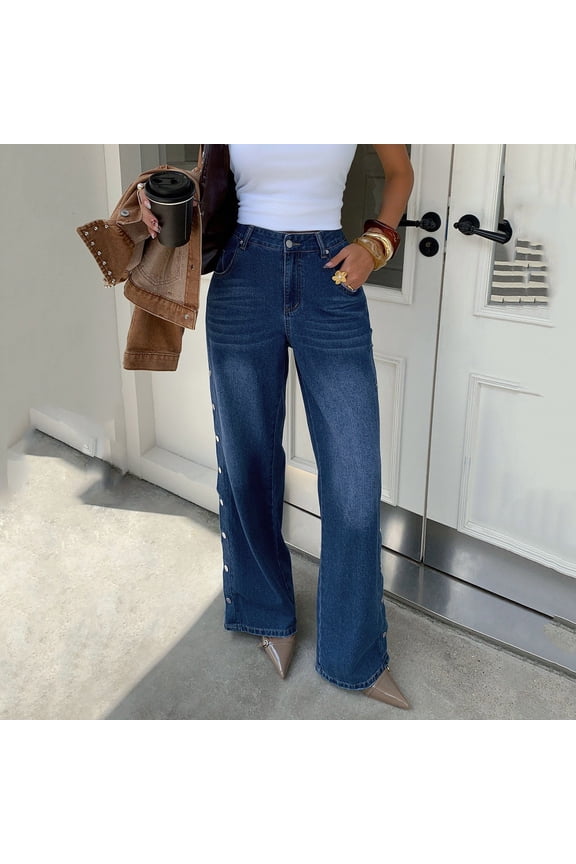 Women's High Waisted Wide Leg Jeans Trendy Side Studded Embellished Distressed Stretchy Denim Pants Casual Party Wear