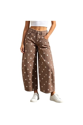 Women's Polka Dot Barrel Jeans Casual High Waisted Wide Leg Cropped Denim Pants with Pockets for Fall Coffee