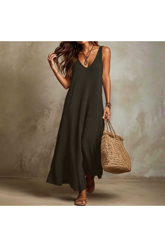 Women's Summer Sleeveless V-Neck Loose Maxi Dress Casual Crinkled Gauze A-Line Resort Wear Soft Breathable Fabric Brown