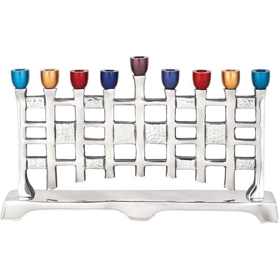 Aviv Judaica Anodized Menorah Aluminum Menorah with Anodized Cups - Wall of Freedom Candles Menorah Fits Standard Hanukkah Candles Decorrative Chanukah Menorah