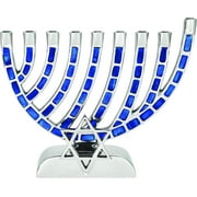 Aviv Judaica Blue Mosaic Tiles Menorah High Polished Aluminum with Hand Painted Accents Candles Menorah Fits Stnadard Chanukah Candles Star of David Hanukkah Candle Holder Hanukkiah (Blue)
