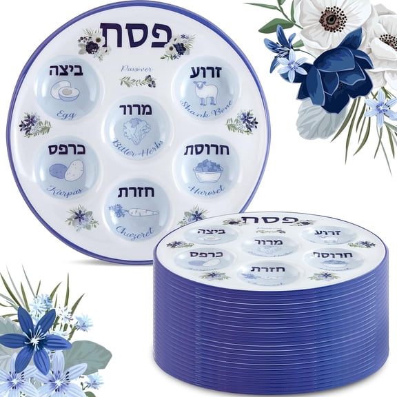 Aviv Judaica Bulk Pack Disposable Passover Seder Plates 10" Round Passover Trays Floral Design 6 Compartment Passover Plate Durable Plastic Communal Seder Table Decorations (24-Pack)