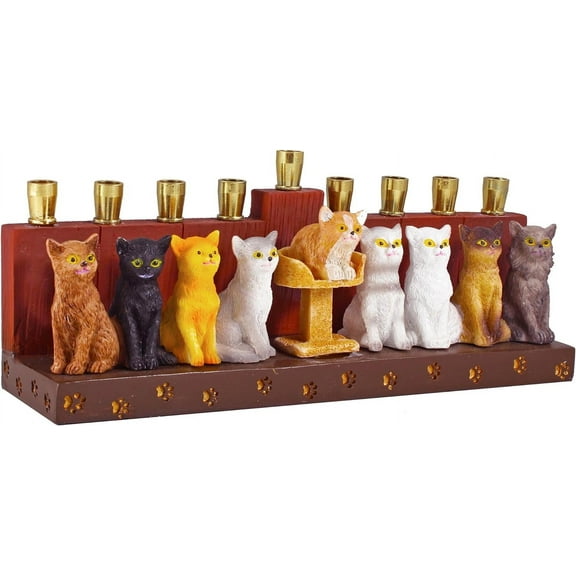 Aviv Judaica Cat and Paw Candle Menorah for Kids - 3D Sculptured Cats and Paw Prints on Menorahs Base - Lively Painted Exciting Childrens Minorah Collectible Hanukkiah - Fits Standard Chanukah Candles