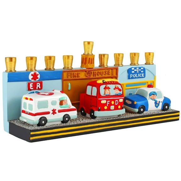 Aviv Judaica Childrens First Responders Menorah Intricately Detailed by Jessica Sporn Polyresin Candle Menorah for Kids Features Police Car Fire Engine Ambulance EMT Fits Standard Hanukkah Candles