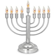 Aviv Judaica Classic Hanukkah Electric Menorah with 9 Flickering Bulbs - Chrome Plated Electronic Chanukah Minorah and Candle Bulbs - Round Base