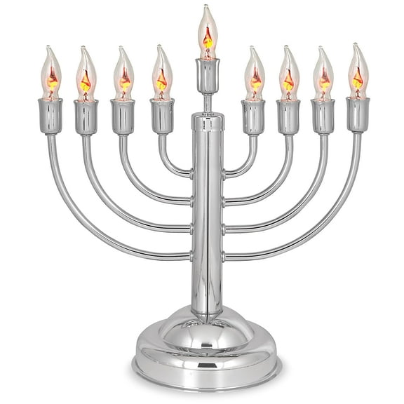 Aviv Judaica Classic Hanukkah Electric Menorah with 9 Flickering Bulbs - Chrome Plated Electronic Chanukah Minorah and Candle Bulbs - Round Base