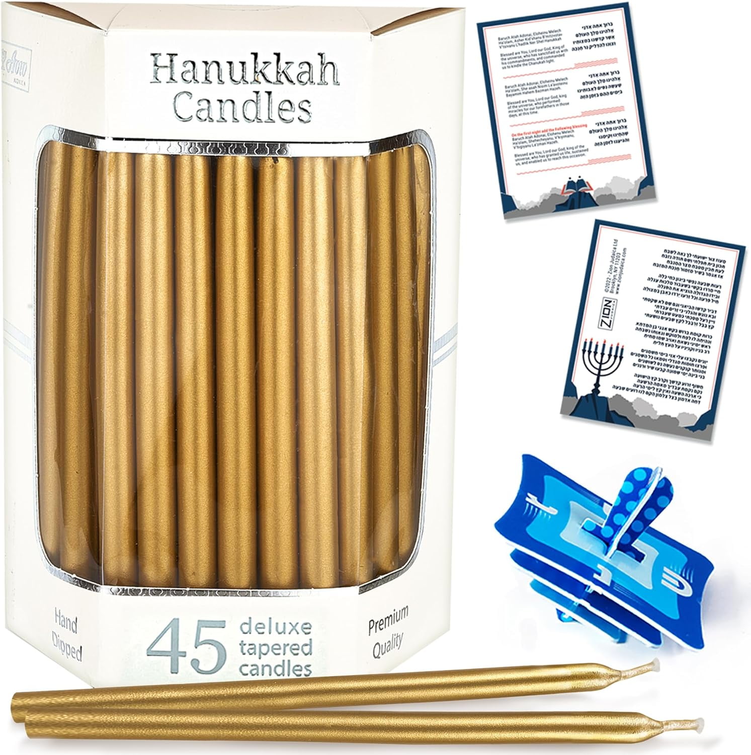 Aviv Judaica Drip Less Hanukkah Candles 5.75" Tall Metallic Gold Candle Set of 45 Enough for 8 Nights Fits Standard Menorah Decorative Candles for Parties, Birthday, Weddings, Holiday Decorations