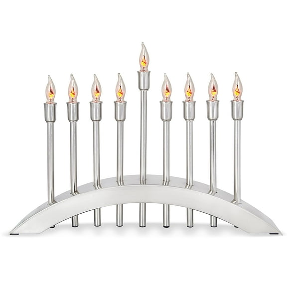Aviv Judaica Hanukkah Electric Menorah Brushed Stainless Steel with Flickering Flame Bulbs Menorah Candles 9 Branch Hanukkiah for Chuanukah Lights Decor