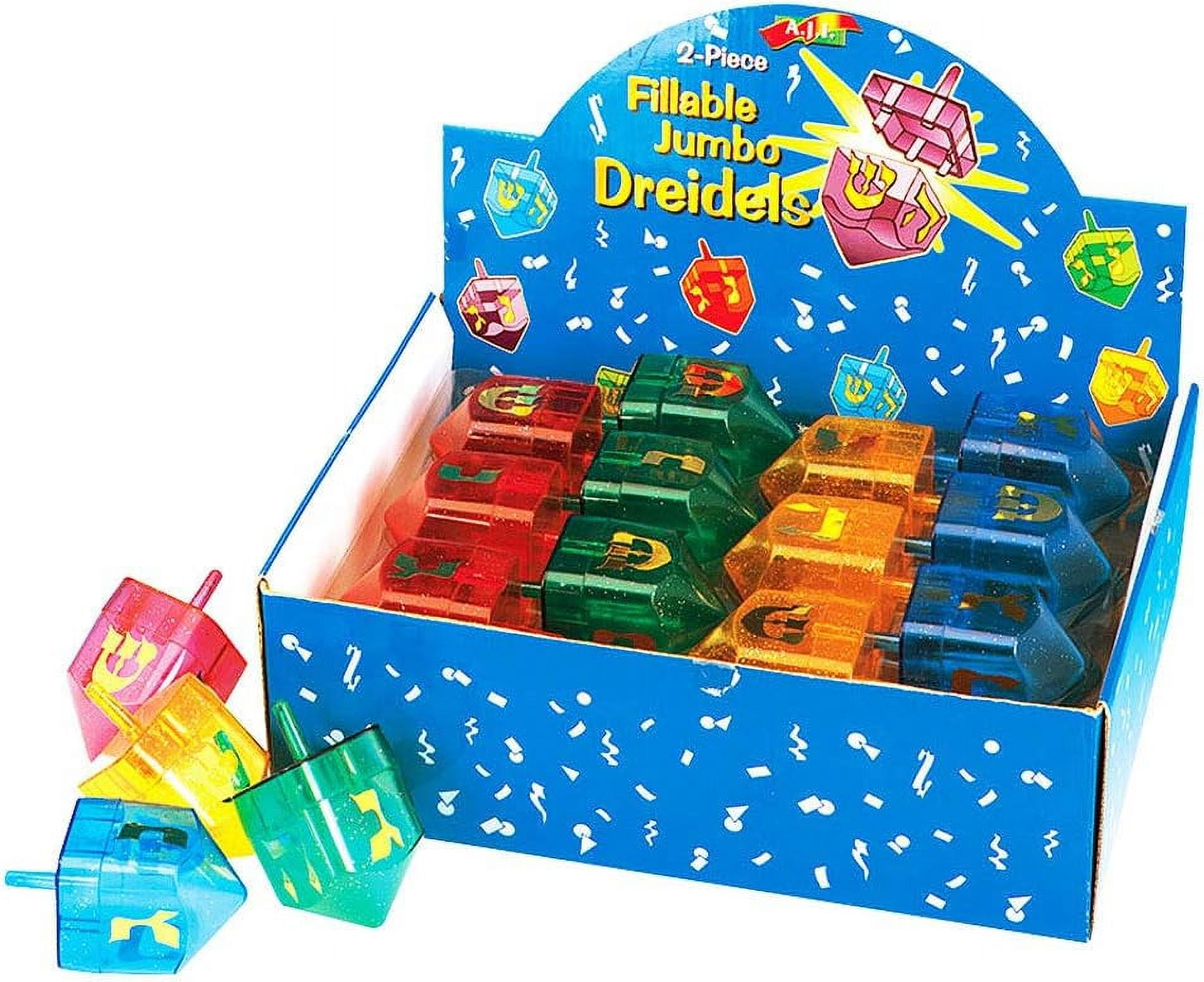 Aviv Judaica Hanukkah Party Favors Set of 48 Fillable Jumbo Dreidels in 4 Assorted Colors with Printed Hebrew Driedel Letters 2 Part Hanukkah Gelt or Candy Holder Fillable Palstic Spinning Tops
