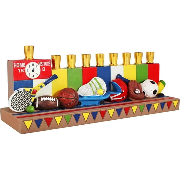 Aviv Judaica Hanukkah Sports Menorah for Kids Polyresin Chanukah Candles Menorah for Children 3D Sculptured Boys & Girls Ball Games Hanukkiah Baseball Hanukkiah Basketball Chanukiah Football Minorah