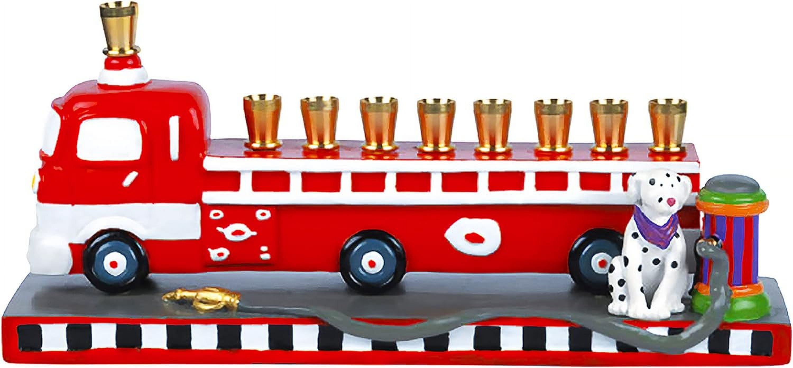 Fiery Red Ceramic Fire Truck Hanukkah Menorah