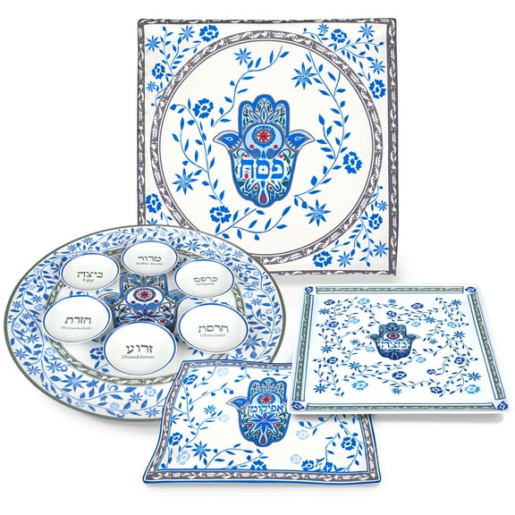 Aviv Judaica Passover Seder Hamsa Set Quality Porcelain Round Seder Tray, Square Matzah Plate Silk Matzo Cover 3 Pocket, Afikoman Bag Beautiful Chamsah Pessah Dinnerware Set by Jessica Sporn