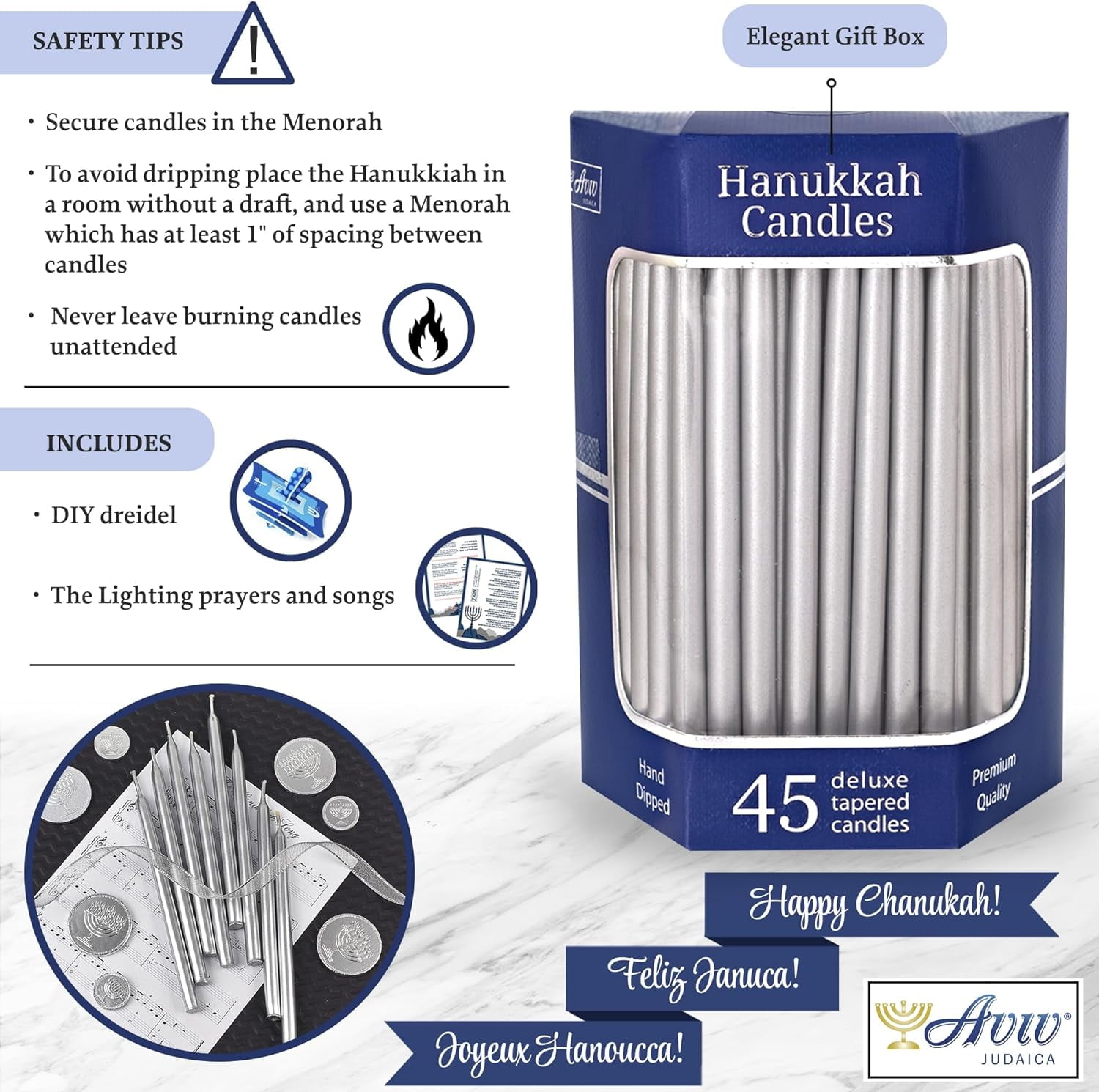 Aviv Judaica Premium Dripless Hanukkah Candles Metallic Silver Dazzling Candle Set of 45 Decorative Chanukah Fits Standard Menorahs DIY Dreidel & Prayer Card Included