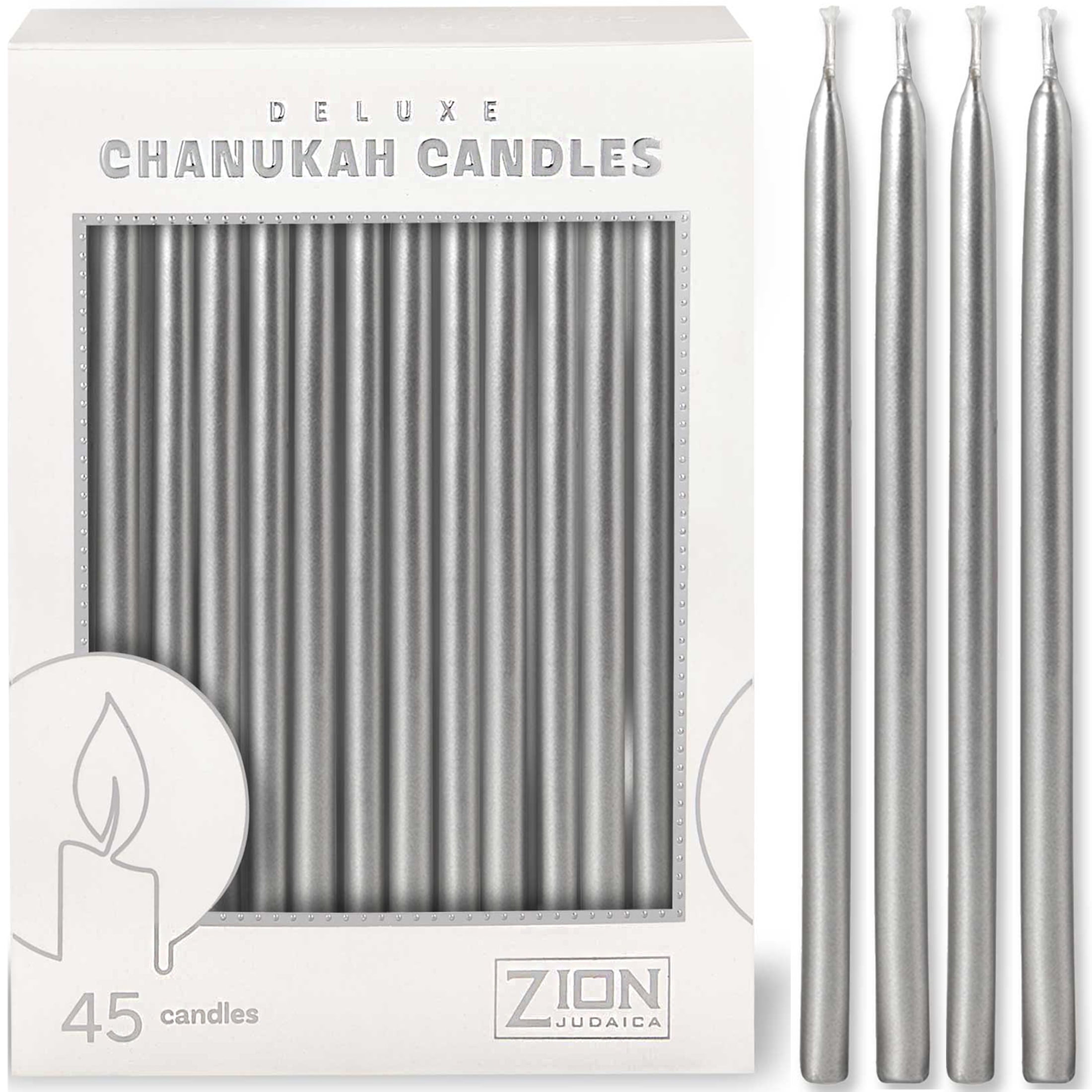 Aviv Judaica Premium Dripless Hanukkah Candles Metallic Silver Dazzling Candle Set of 45 Decorative Chanukah Fits Standard Menorahs DIY Dreidel & Prayer Card Included