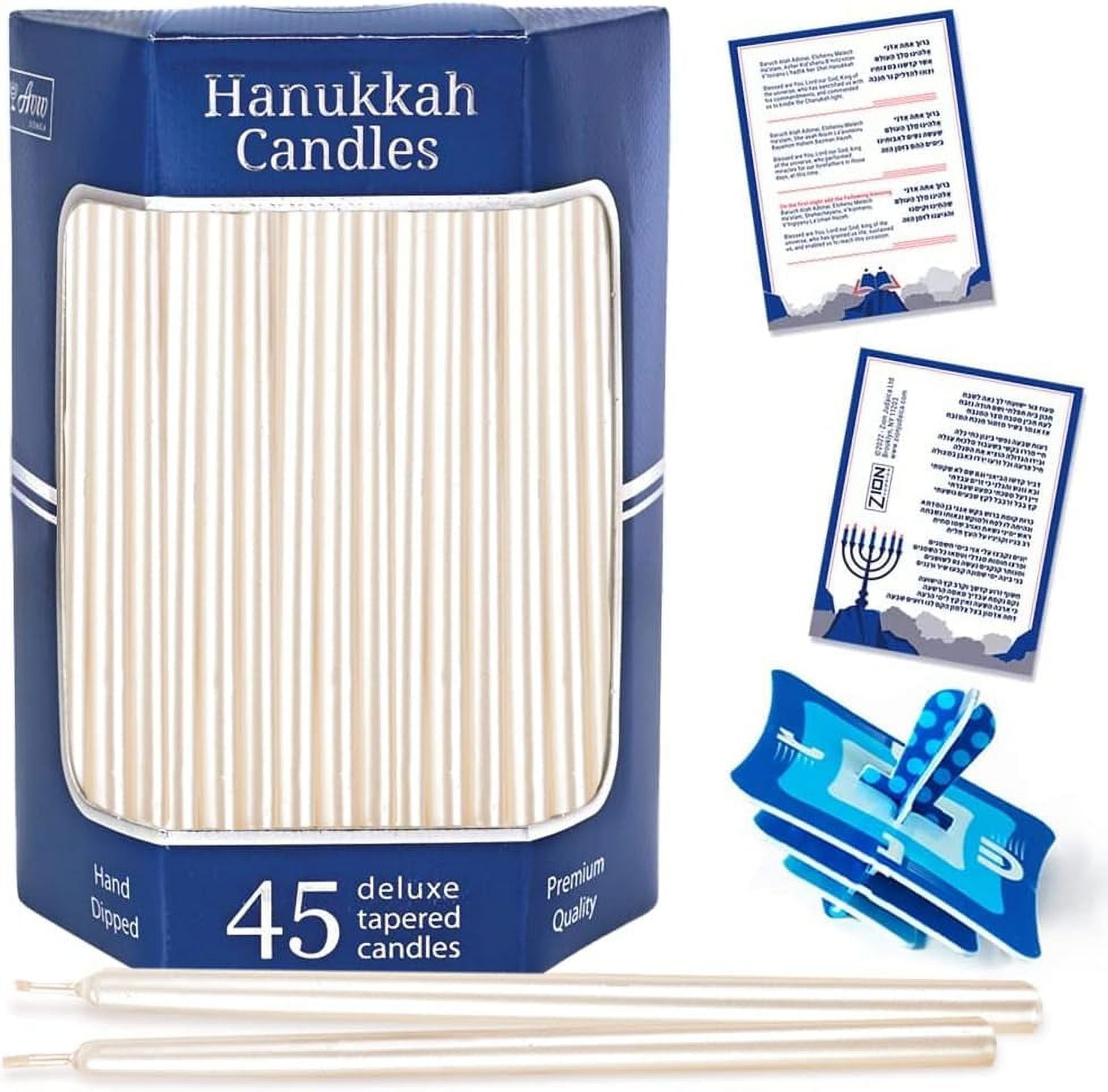 Aviv Judaica Premium Dripless Hanukkah Candles Thin Tapered Deluxe Pearl Candle Set of 45 Ultimate Elegance Standard Chanukah Menorah Candles Product of Turkey Includes DIY Dreidel, Prayer Card