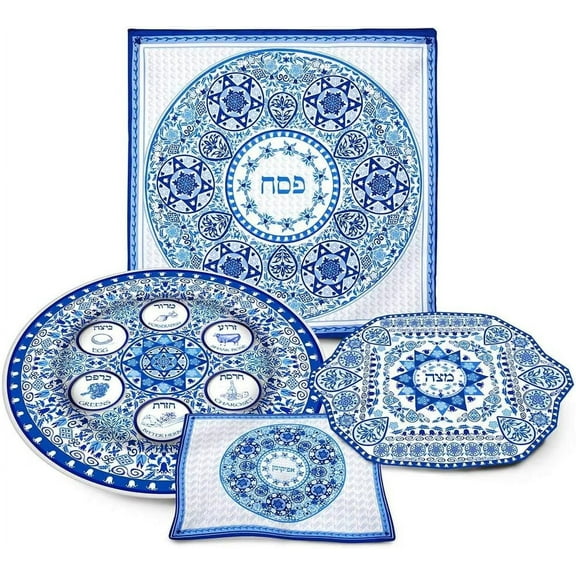 Aviv Judaica Prestigious Passover Seder Dinnerware Renaissance Set, Includes Round Porcelain Seder Plate, Square Matzo Tray, Silk Matza Cover & Afikoman Bag Magnificent Passover Decoration Dishware