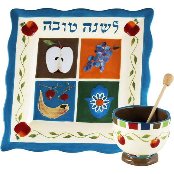 Aviv Judaica Rosh Hashanah Honey Dish Set Decorative Ceramic Plate Painted Judaic Theme "Shana Tovah" with Honey Bowl Jar, Wooden Dipper Rosh Hashunah Platter Jewish New Year Gift by Jessica Sporn
