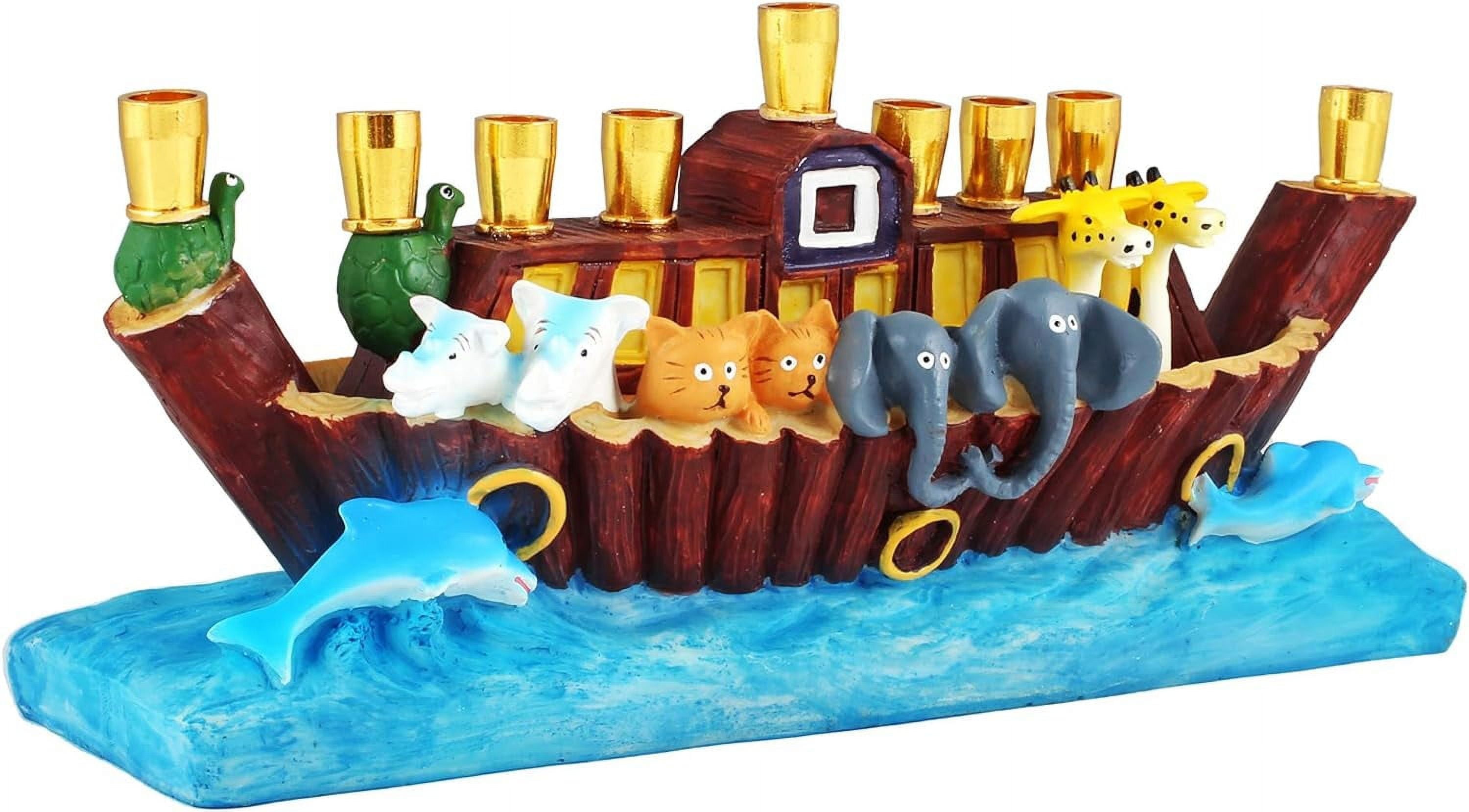 Aviv Judaica Sculptured Noah's Ark Menorah Biblical Themed Minorah Noachs Ark with Animals Children's Menorah Beautifully Painted Resin Hanukkiah Collectible Kids Chanukah Candle Holder Menurah
