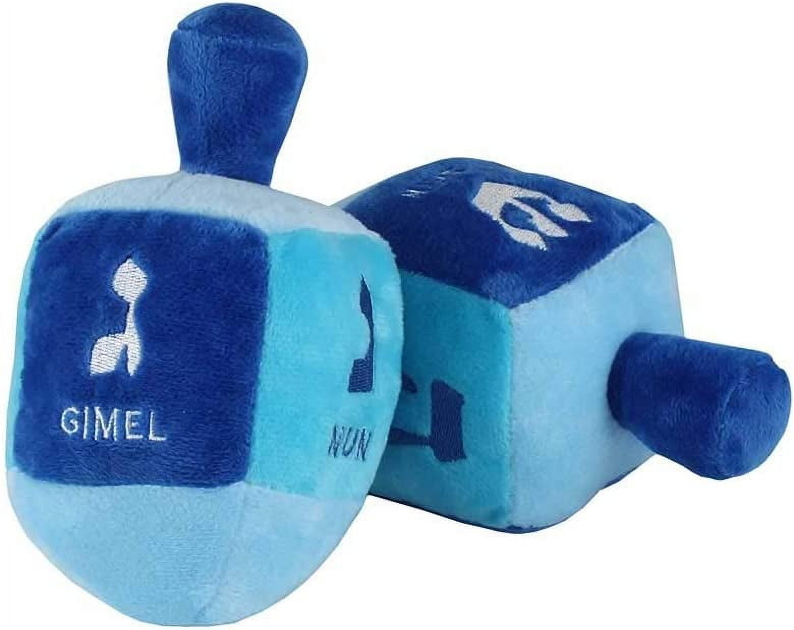Aviv Judaica Stuffed Plush Dreidel with Rattle for Hanukkah - 6" x 3" Embroidered with The Hebrew Drydel Letters and English Transliteration My First Chanukah Gift