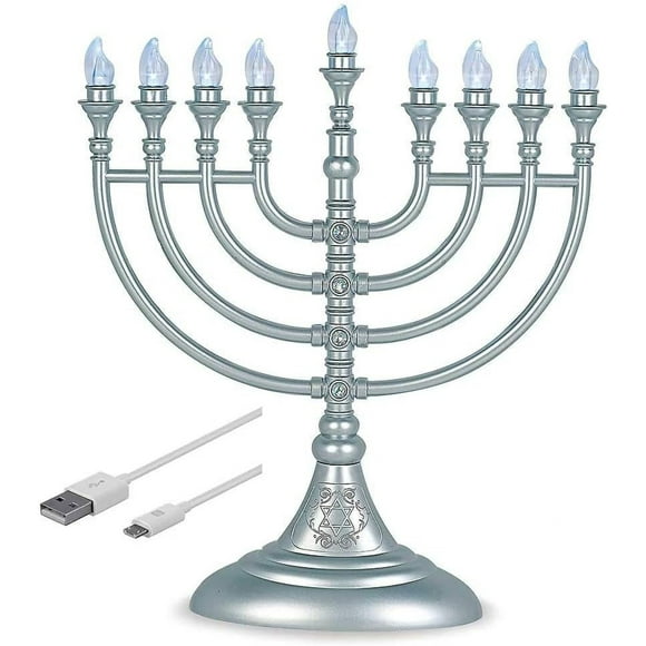 Aviv Judaica Traditional Hanukkah LED Electric Menorah Powered by Battery or USB Chanukiah - 4' Micro USB Cable Included Electronic Chanukah Candles Minorah Lighted Hanukah Decorations (Matte Silver)
