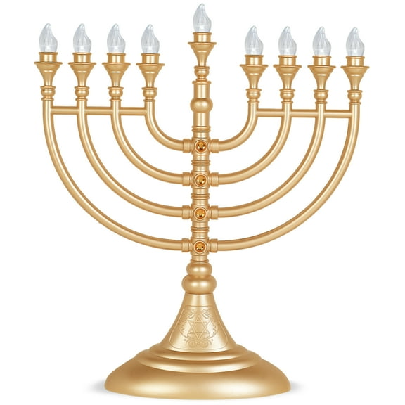 Aviv Judaica Traditional LED Electric Hanukkah Menorah Powered by Battery or USB Chanukkiah - 4' Micro USB Cable Included Chanukah Lights Minorah Matte Gold