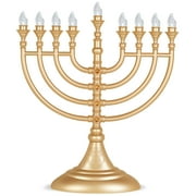 Aviv Judaica Traditional LED Electric Hanukkah Menorah Powered by Battery or USB Chanukkiah - 4 Micro USB Cable Included Chanukah Lights Minorah Matte Gold