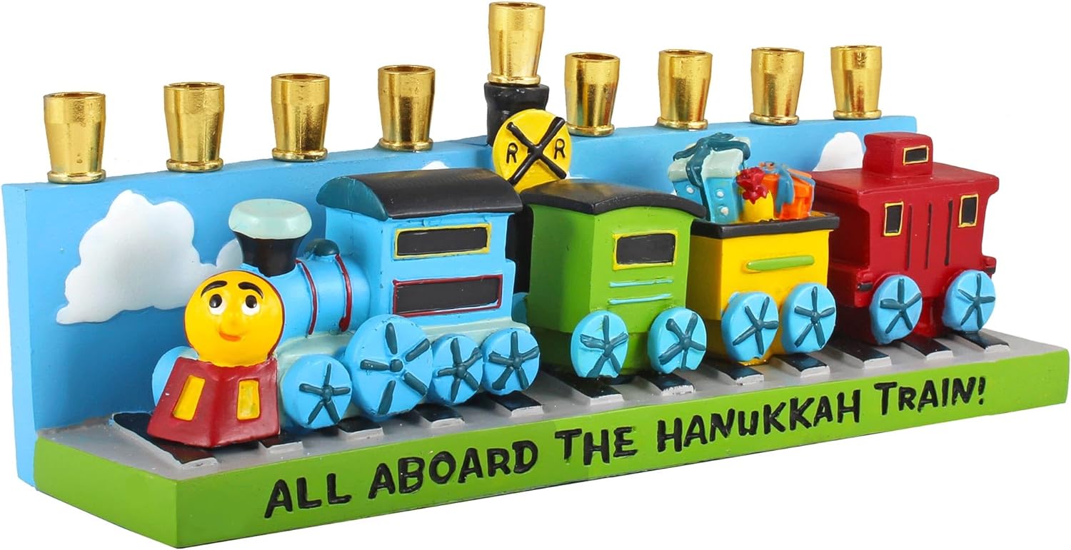 Aviv Judaica Whimsical Kids Train Menorah Adorable 3D Details - Trains and Railroad Adorable Chanukah Candle Menorah for Children - Fits Standard Hanukkah Candles