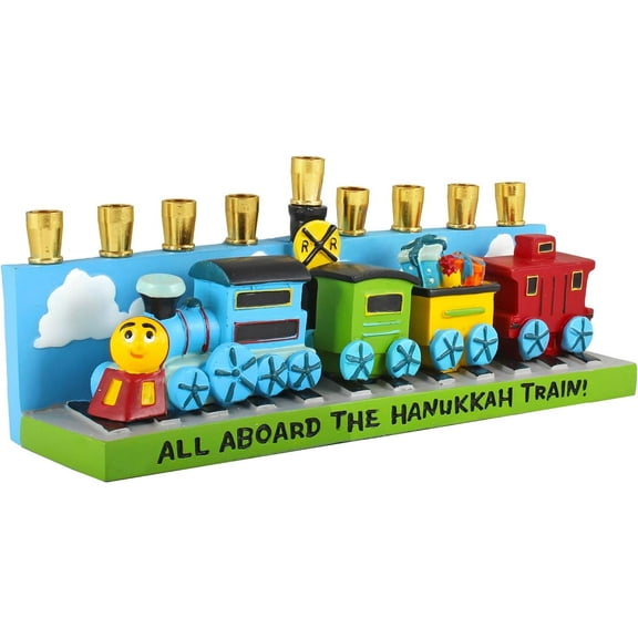 Aviv Judaica Whimsical Kids Train Menorah Adorable 3D Details - Trains and Railroad Adorable Chanukah Candle Menorah for Children - Fits Standard Hanukkah Candles