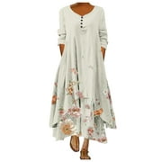 Aviva Women Casual Floral Print Dress O-Neck Long Sleeve Irregular Loose Long Dress