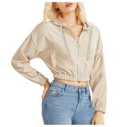 Aviva Women Casual Solid Corduroy Zip-Up Pocket Shirt Hooded Sweatshirt Cropped Jacket