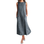 Aviva Women Casual Striped Print Sleeveless Dress Neck Linen Pocket Long Dress