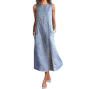 Aviva Women Casual Striped Sleeveless Dress Crew Neck Linen Pocket Long Dress