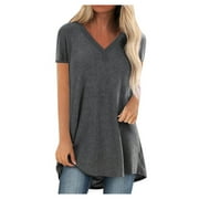 Aviva Women Fashion Plus Size Print V Neck Short Sleeved Long T-shirt Blouse
