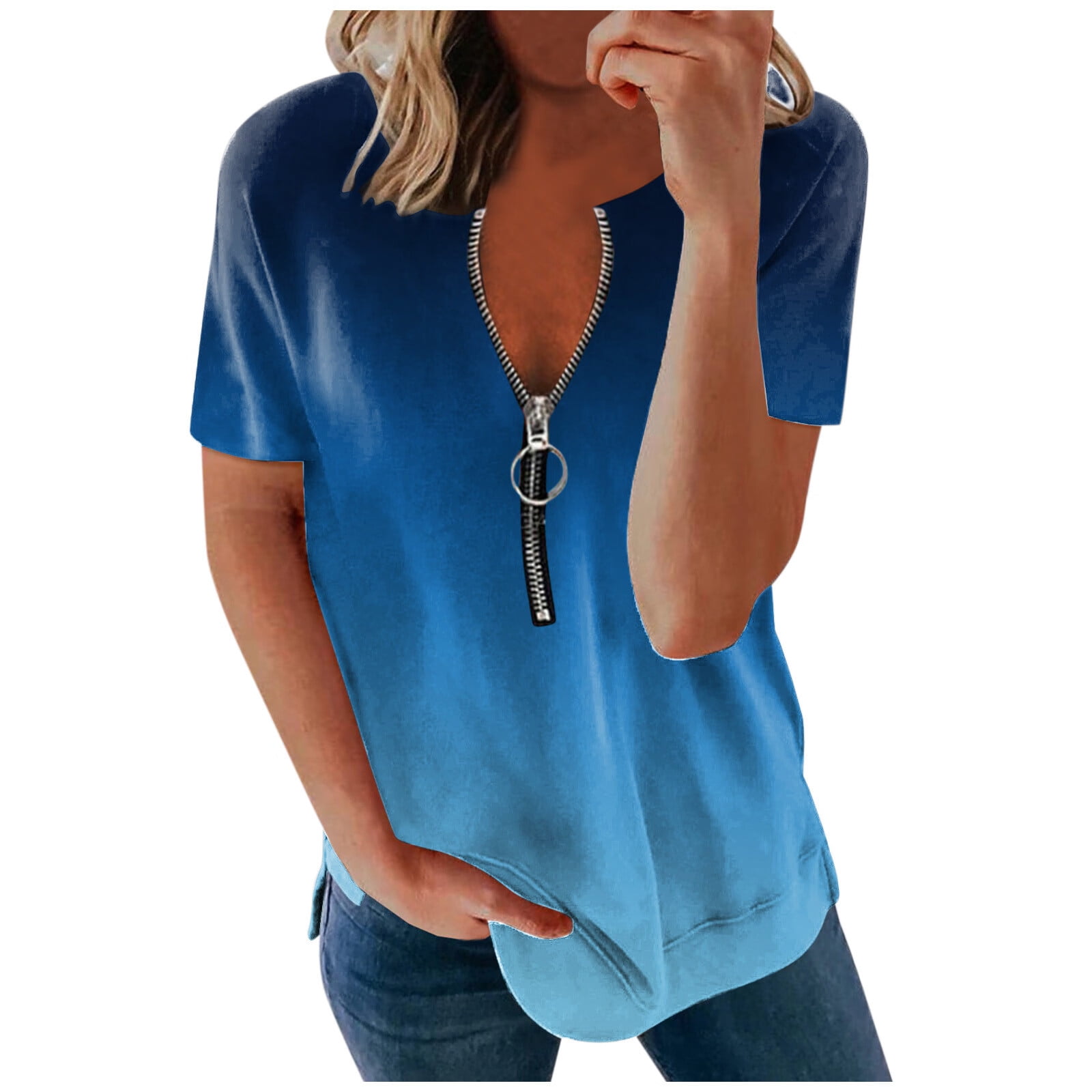 Aviva Women Fashion Pure Color Stripe Zipper Short Sleeves Casual Blouse T-Shirts - Walmart.com
