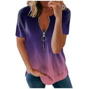 Aviva Women Fashion Pure Color Stripe Zipper Short Sleeves Casual Blouse T-Shirts