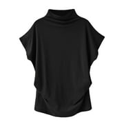 Aviva Women Turtleneck Short Sleeve Cotton Solid Casual Blouse Top T Shirt Plus Bk/S