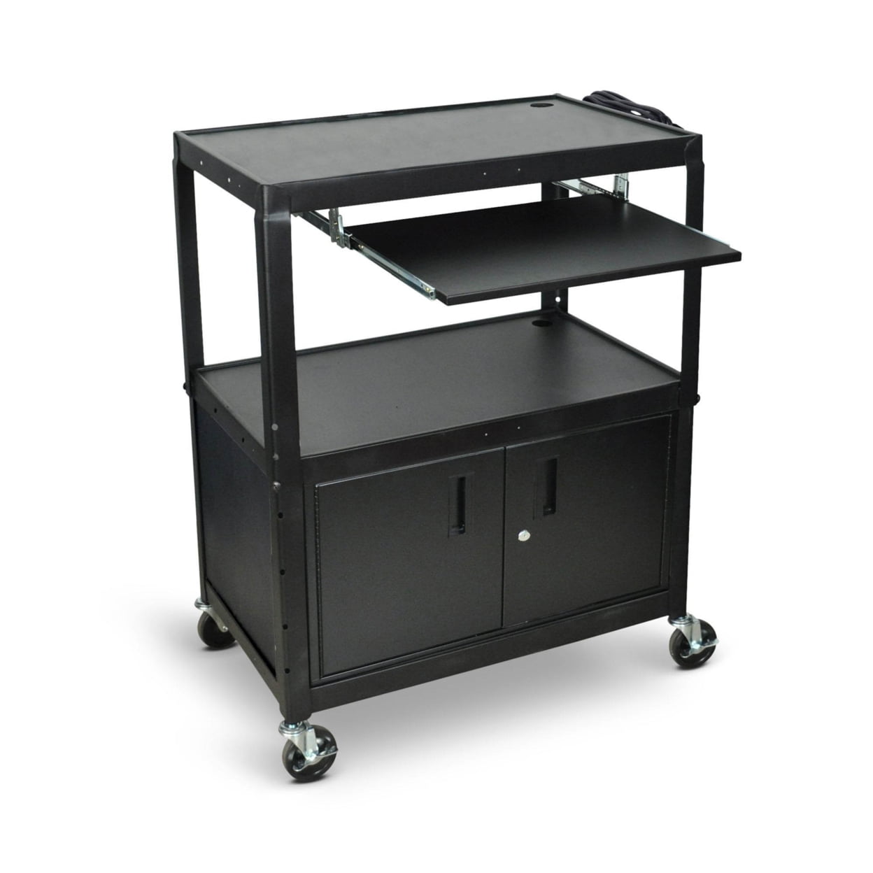 Adjustable Height Black Steel AV Cart with Keyboard Shelf