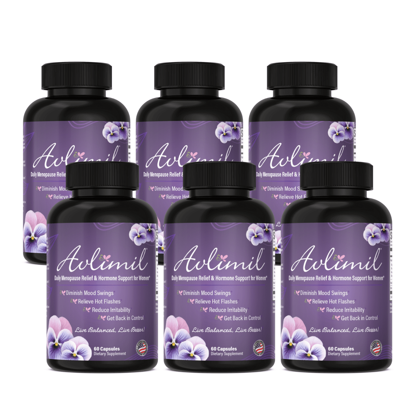 Avlimil Hormone Balance & Menopause Support Supplement - Relief from Mood Swings, Hot Flashes, Night Sweats - Isoflavones, Black Cohosh, Valerian, Red Clover, Lemon Balm - 60 Capsules (6 Pack)