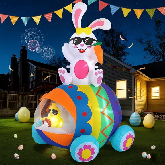 Avoalre Easter Inflatables Bunny Decor, Easter Colorful Blow up 4.9FT Chick & Bunny Car, Lighted Inflatable for for Lawn Garden Holiday Party